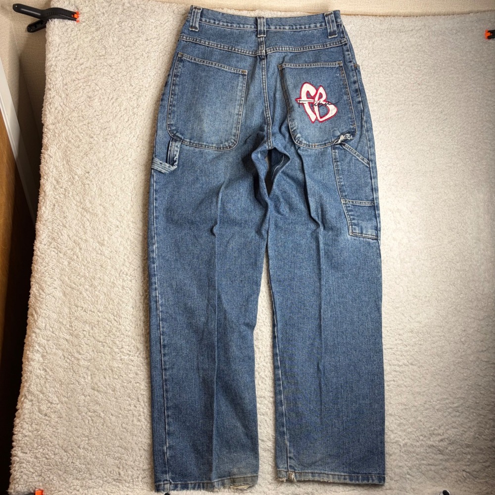 Y2k FUBU mens32x32 blue baggy embroidered carpenter jeans skater hiphop
